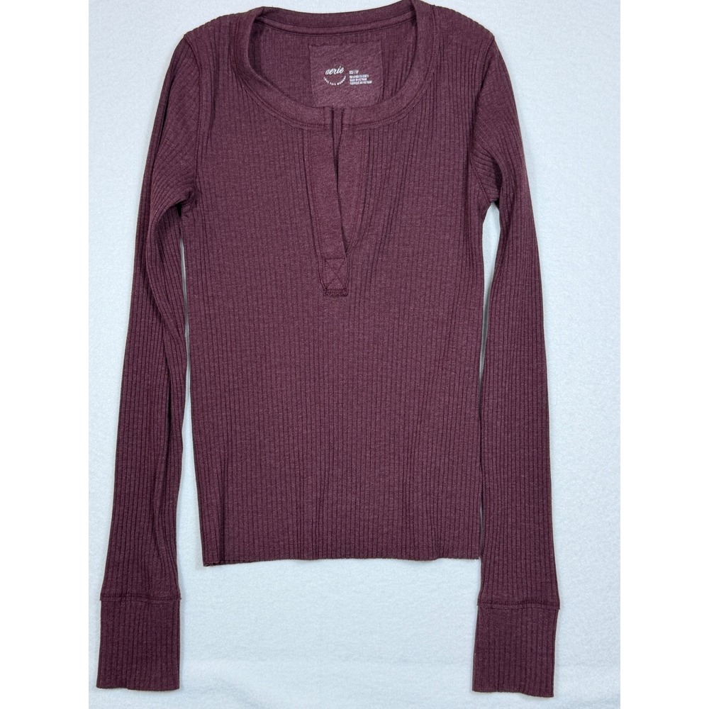 Aerie Ribbed Long Sleeve Henley Top Burgundy XS TP